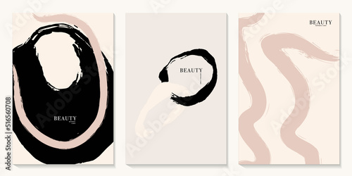 Modern minimalist ink brush paint poster set, abstract shapes background oil paint in vector . Pastel beige brush strokes painting