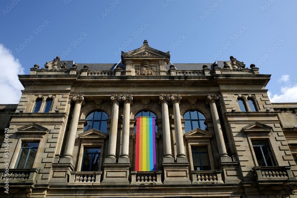 LGBT flag on the facade of a public library in San Sebastian, Spain