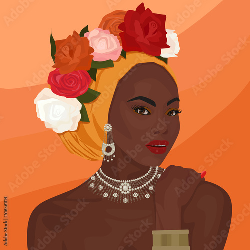 Illustration of a beautiful dark-skinned girl in flowers on an orange background