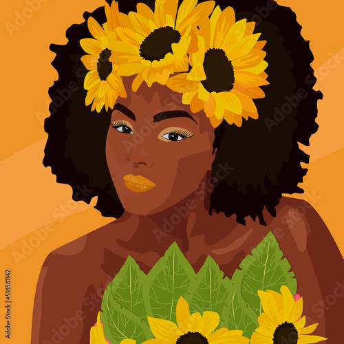 Illustration of a beautiful dark-skinned girl in flowers on an orange background