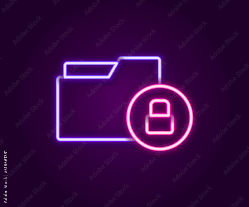 Glowing neon line Folder and lock icon isolated on black background. Closed folder and padlock. Security, safety, protection concept. Colorful outline concept. Vector Glowing neon line Folder and lock icon isolated on black background. Closed folder and padlock. Security, safety, protection concept. Colorful outline concept. Vector