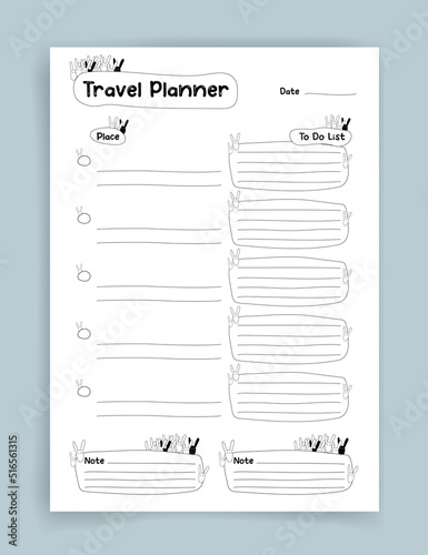 Travel planner. Travel planner template. Habit tracker. Blank template. Vector illustration. Minimal style. Clean style. Daily to do. Cute style.