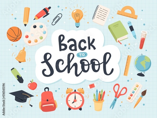 Back to school collection of supplies with handwritten calligraphy for children. Cute colorful vector illustration