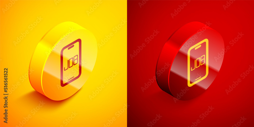 Isometric Search job icon isolated on orange and red background. Recruitment or selection concept. Human resource and recruitment for business. Circle button. Vector Isometric Search job icon isolated on orange and red background. Recruitment or selection concept. Human resource and recruitment for business. Circle button. Vector