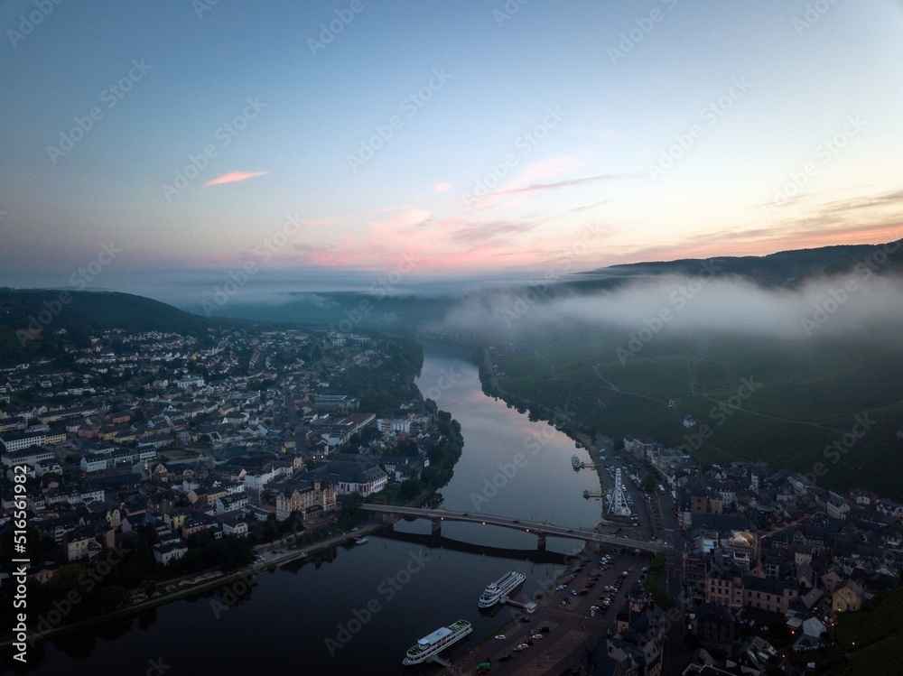 Bernkastel Kues aerial panoramic view.,well-known winegrowing centre on the Moselle, Germany.  View from above at sunrise