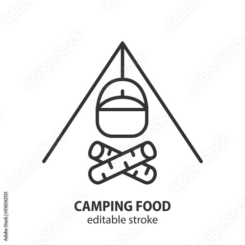 Camping food line icon. Cooking on a campfire vector sign. Editable stroke.