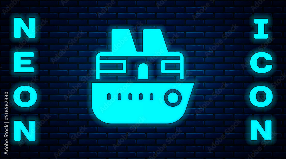 Glowing neon Cruise ship icon isolated on brick wall background. Travel tourism nautical transport. Voyage passenger ship, cruise liner. Worldwide cruise. Vector Glowing neon Cruise ship icon isolated on brick wall background. Travel tourism nautical transport. Voyage passenger ship, cruise liner. Worldwide cruise. Vector