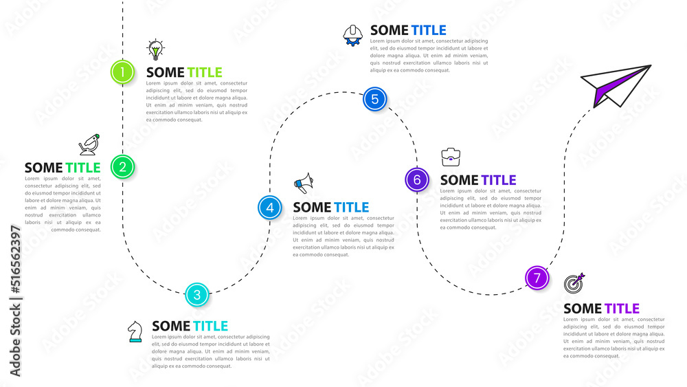 Infographic template. Path with paper plane and 7 steps