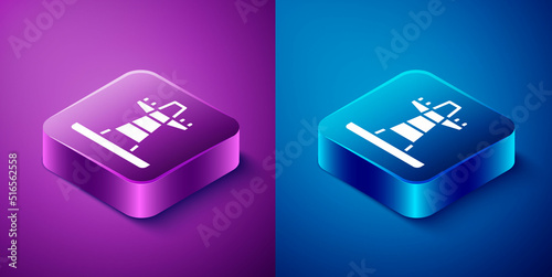 Isometric Electric tower used to support an overhead power line icon isolated on blue and purple background. High voltage power pole line. Square button. Vector