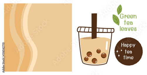 Set of bubble milk tea cup, green tea leaves and background vector illustration.
