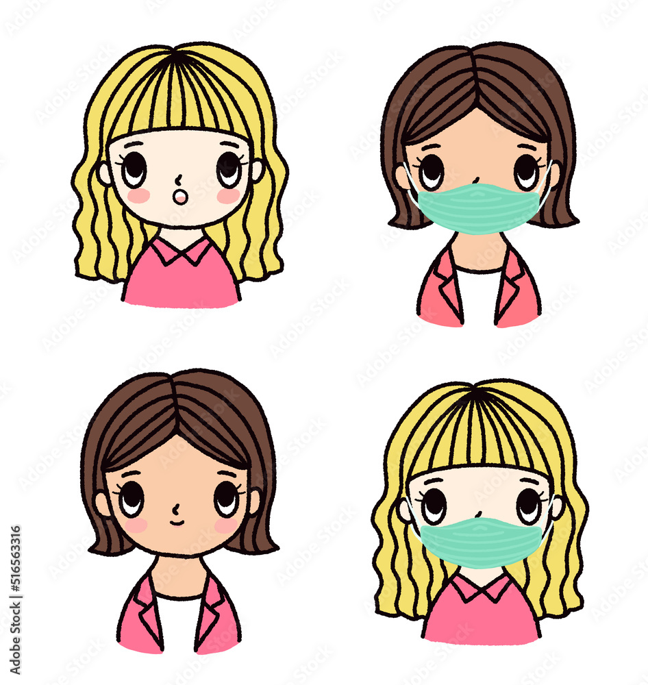 Cartoon drawing girls wearing face masks Cartoon drawing girls wearing face masks