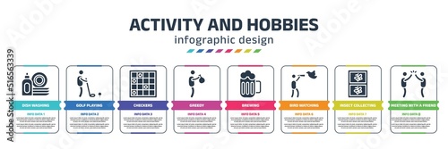 Fotografiet activity and hobbies infographic design template with dish washing, golf playing, checkers, greedy, brewing, bird watching, insect collecting, meeting with a friend icons
