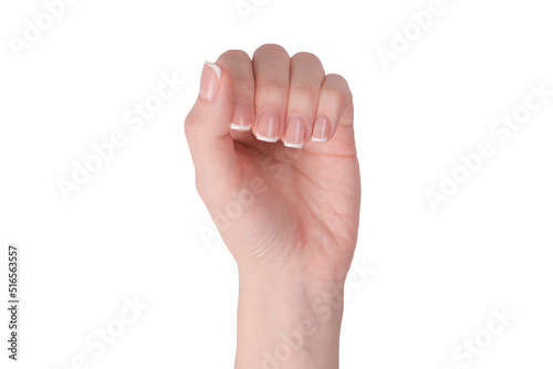 Woman hands with french manicure isolated on white bacckground.