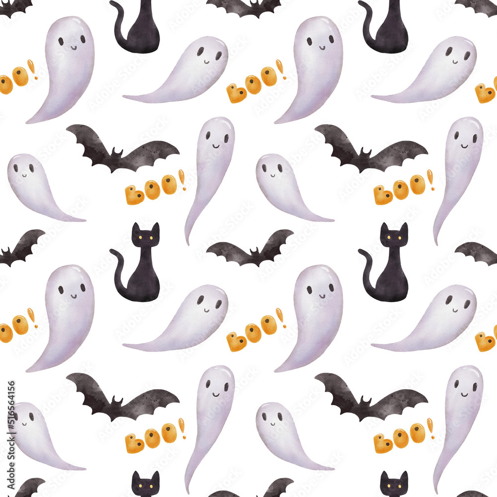 Seamless pattern for Halloween party with ghost and bat. Bright watercolor endless pattern on white