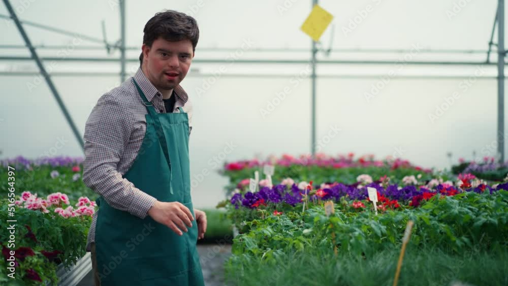 Happy young employee with Down syndrome working in garden centre, taking care of flowers.