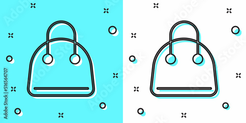 Black line Handbag icon isolated on green and white background. Female handbag sign. Glamour casual baggage symbol. Random dynamic shapes. Vector