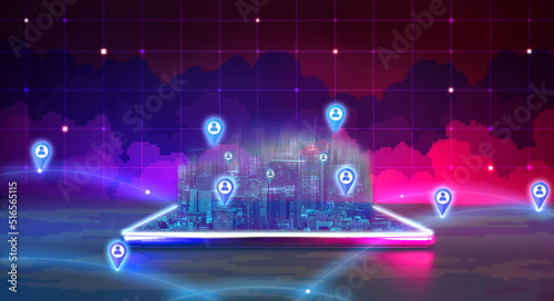 Foto People contact together in metaverse technology growth in future data network