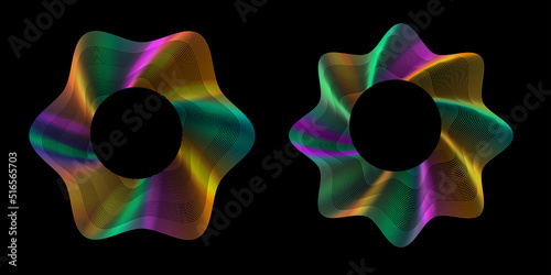 Circle electronic multicolored sound waves on black background. Radial multicolored waves. Frequency sound waveform, voice graph signal. Voice recognition concept. Vector illustration.