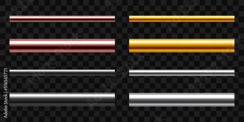 A set of metallic pipes of various diameters. Copper, steel, aluminium, stainless, brass or gold pipes isolated on transparent background. Realistic vector illustration.