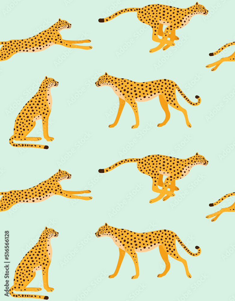 Vector seamless pattern of flat hand drawn cheetah isolated on mint background