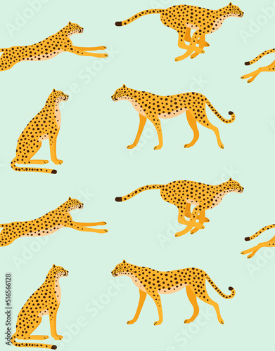 Fotomurale Vector seamless pattern of flat hand drawn cheetah isolated on mint background