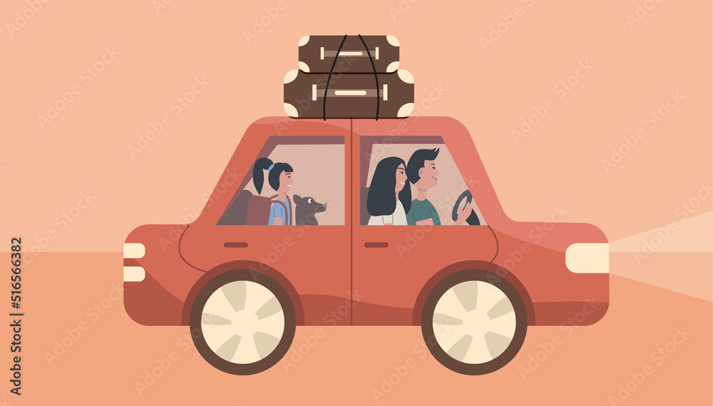 Happy family with kid having vacation road trip, vector illustration. A family with suitcases is going on vacation, journey by car. People in vehicle with luggage and dog. Travel concept. Happy family with kid having vacation road trip, vector illustration. A family with suitcases is going on vacation, journey by car. People in vehicle with luggage and dog. Travel concept.
