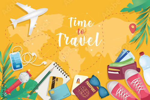 Time to travel background in cartoon design in top view. Wallpaper with composition of passport, tickets, sunglasses, plane, sneakers and other. Vector illustration for poster or banner template