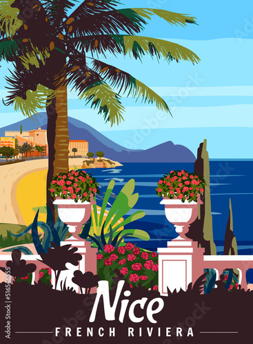 French Riviera Nice Retro Poster. Tropical coast scenic view, palm, Mediterranean marine