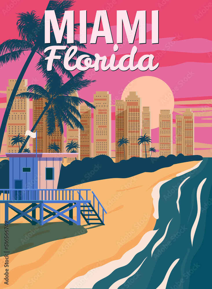 Obraz premium Miami Florida, City Skyline, Retro Poster. Sunset, Lifeguard house, coast, surf, ocean. Vector illustration vintage