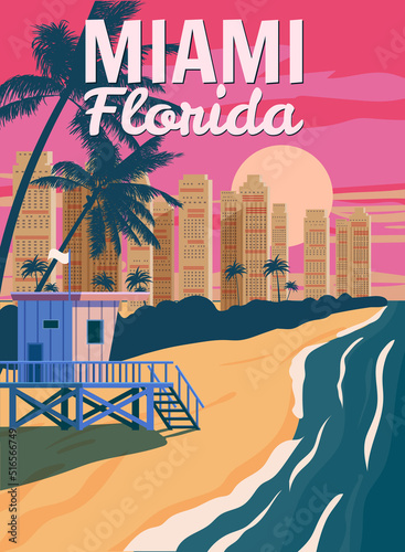 Miami Florida, City Skyline, Retro Poster. Sunset, Lifeguard house, coast, surf, ocean. Vector illustration vintage