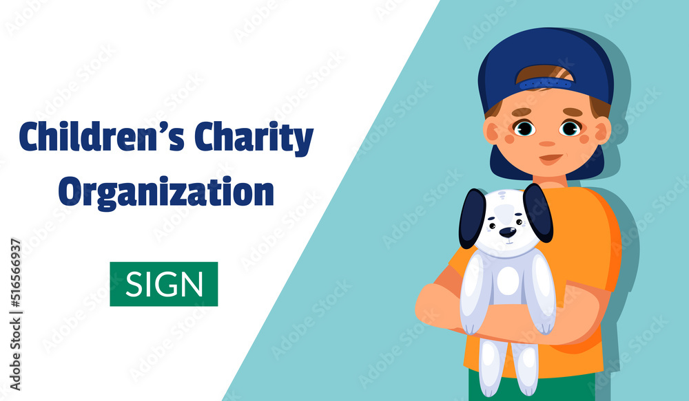 Cute boy holding toy in his hands. Charitable support of children concept. Charity society protecting, upbringing assistive aid orphans organization. Vector web banner. Cute boy holding toy in his hands. Charitable support of children concept. Charity society protecting, upbringing assistive aid orphans organization. Vector web banner.