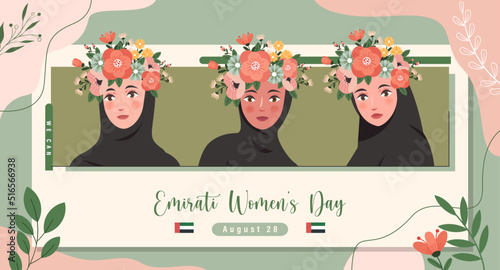 Emirates Women's Day Design with Female with Hijab Vector Illustration. Emirati Womens Day Template Suitable for Poster Banner Flyer Background. UAE Women's Day August.