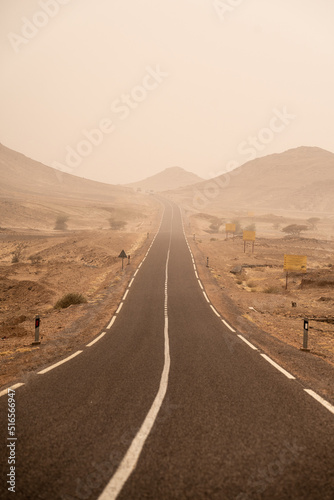 road going through the plateau during a sandstorm in Sahara Desert, Morocco Africa © Witold