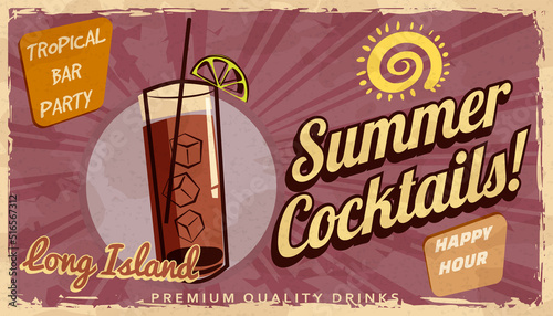 Summer Long Island Cocktail Retro banner. Cocktail lounge vintage background, scratched old textured paper