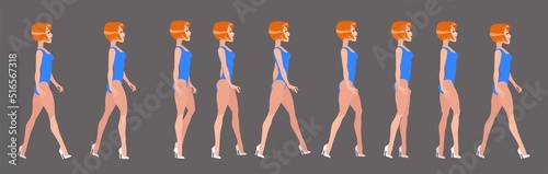 The full cycle of a beautiful woman's gait. Attractive girl in a swimsuit.