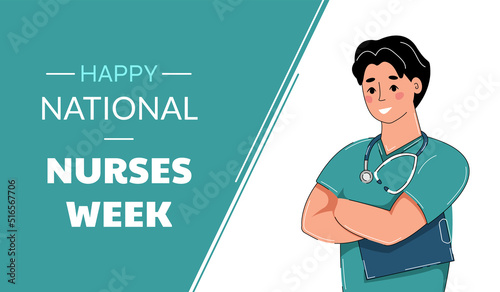 Happy National nurses week banner. Concept of medicine, health care, health worker. Vector illustration in flat style.