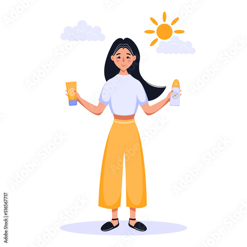 Pretty girl holding sunscreen lotion and spf spray to choose from. Sun protect skin concept. Vector flat illustration.