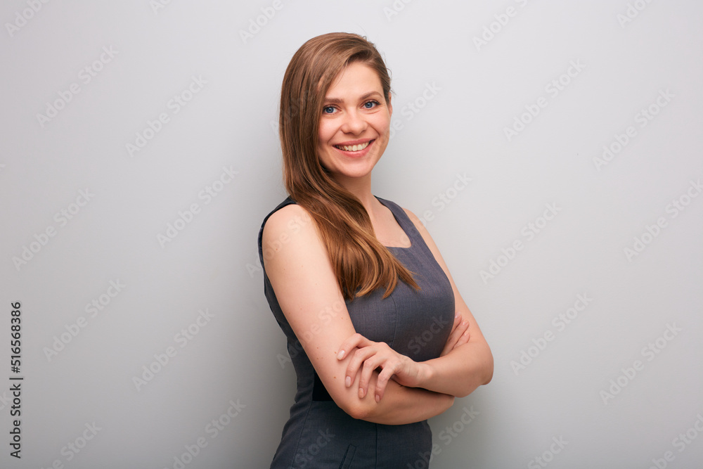 Smiling business woman in dress with crossed arms. isolated female business person portrait. Smiling business woman in dress with crossed arms. isolated female business person portrait.