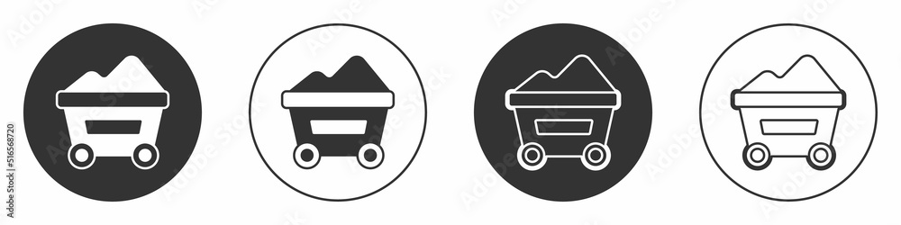 Black Coal mine trolley icon isolated on white background. Factory coal mine trolley. Circle button. Vector Black Coal mine trolley icon isolated on white background. Factory coal mine trolley. Circle button. Vector