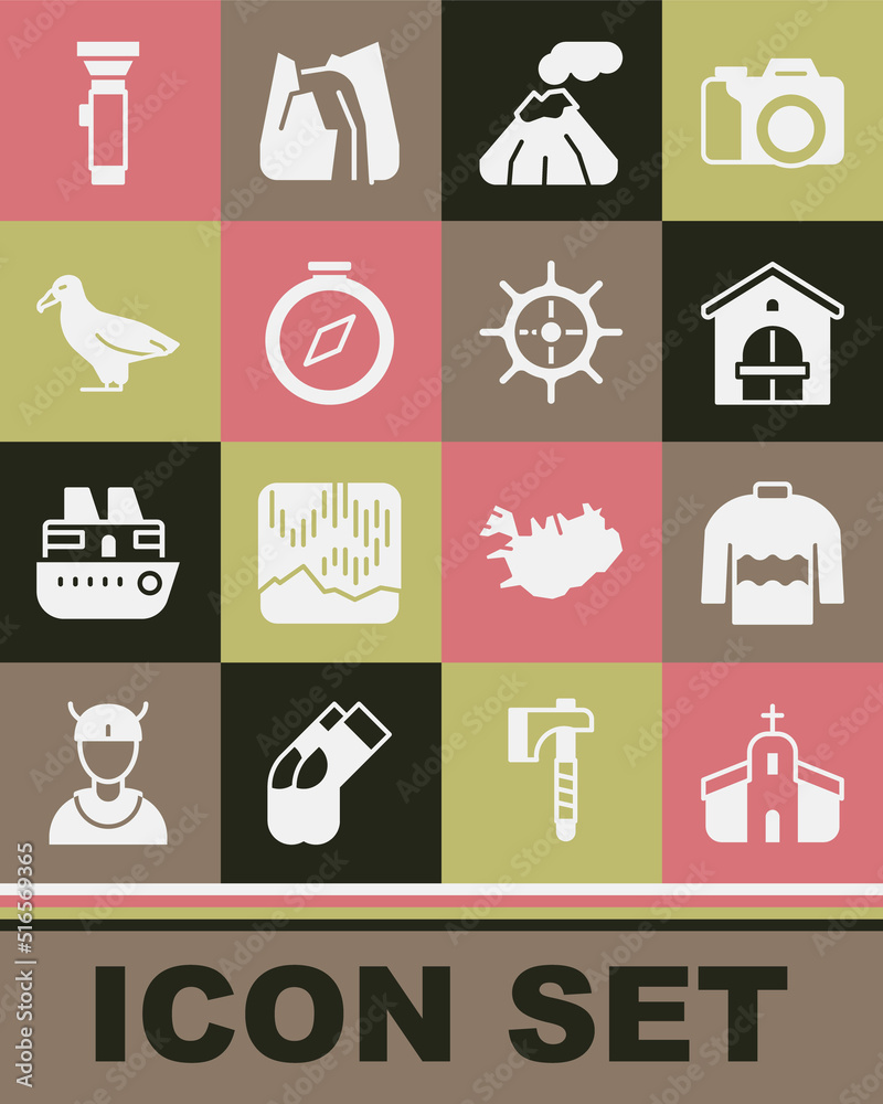 Set Church building, Sweater, Farm house, Volcano, Compass, Albatross, Flashlight and Ship steering wheel icon. Vector Set Church building, Sweater, Farm house, Volcano, Compass, Albatross, Flashlight and Ship steering wheel icon. Vector