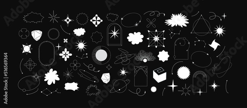 Trendy geometric design elements. Simple shapes forms and frames inspired brutalism, abstract bauhaus and boho cosmic style. Universal star and flower shape, basic form