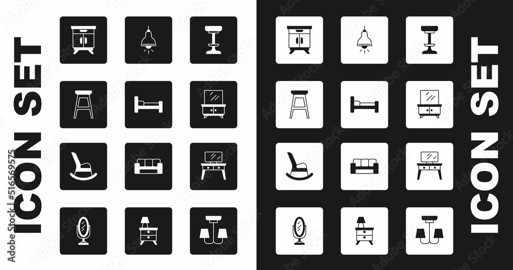 Set Chair, Bed, Furniture nightstand, Dressing table, Lamp hanging, and Rocking chair icon. Vector Set Chair, Bed, Furniture nightstand, Dressing table, Lamp hanging, and Rocking chair icon. Vector