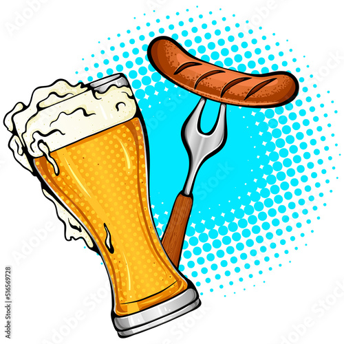 Vector colored illustration with a glass of beer and a sausage on a fork in Pop Art style. Poster to oktoberfest festival, beer festival, brewing. Comic style sticker isolated on white