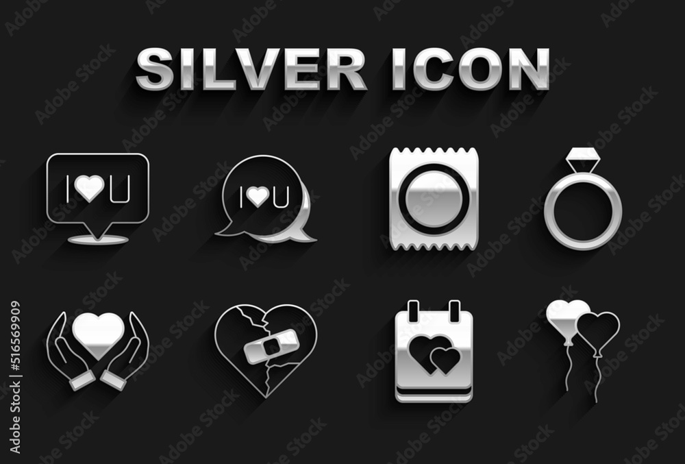 Set Healed broken heart or divorce, Wedding rings, Balloons form of, Calendar with, Heart hand, Condom package, Speech bubble text I love you and icon. Vector