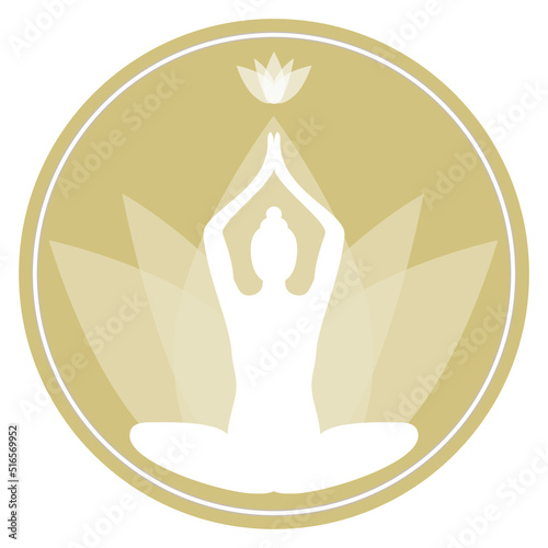 round yoga and meditation sign with female silhouette on white, vector illustration