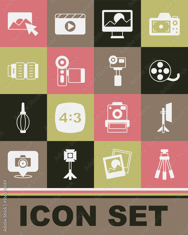 Set Tripod, Studio light bulb in softbox, Film reel, Photo retouching, Cinema camera, Camera photo lens, and Action extreme icon. Vector Set Tripod, Studio light bulb in softbox, Film reel, Photo retouching, Cinema camera, Camera photo lens, and Action extreme icon. Vector