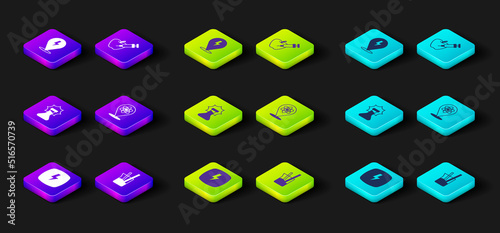 Set Lightning bolt, Laboratory glassware, Explosion the flask, Atom, Genetically modified apple and icon. Vector