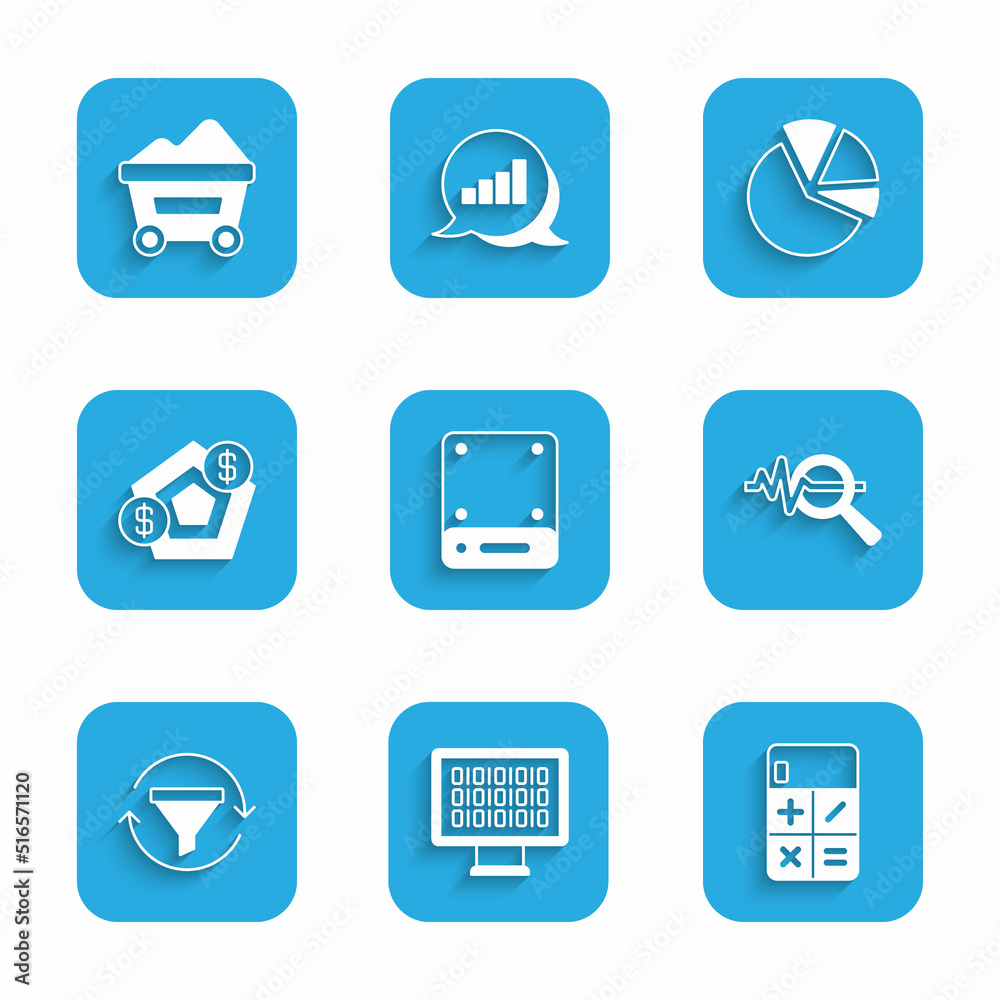 Set Server, Binary code, Calculator, Search data analysis, Sales funnel with chart, Financial growth, Pie infographic and Coal mine trolley icon. Vector