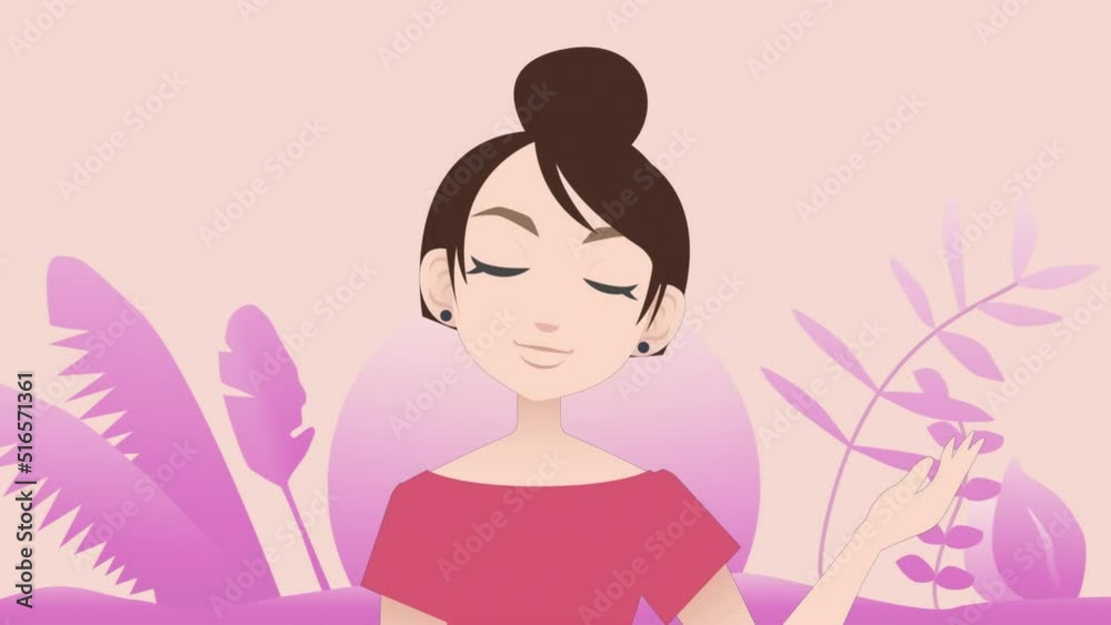Animation of caucasian businesswoman making presentation with flowers on pink background background Animation of caucasian businesswoman making presentation with flowers on pink background background