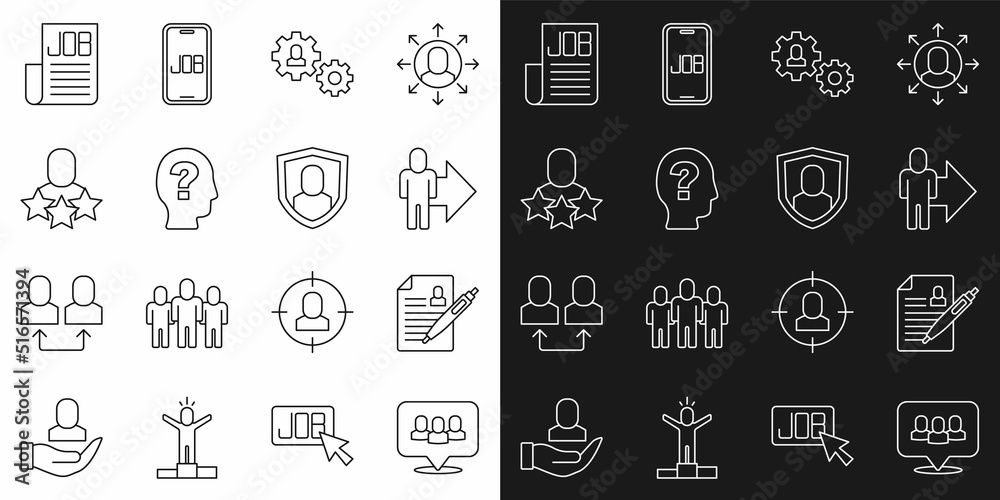 Set line Project team base, Resume, Leader of of executives, Human with gear, Worker, Productive human, Search job and User protection icon. Vector